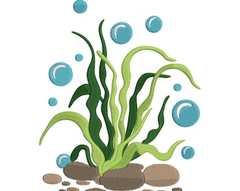 Diseño de bordado de algas marinas, motivo de burbujas y guijarros bajo el agua, archivo de bordado a máquina con temática oceánica