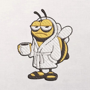 Grumpy Bee Embroidery Design, Coffee Mug Cartoon, Bathrobe Insect Pattern, Machine Embroidery File, Morning Stitch, Instant Download