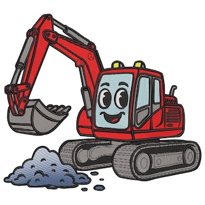 Pode incluir: Uma escavadeira de desenho animado vermelha e cinza com um rosto sorridente, esteiras pretas e uma caçamba. A escavadeira é retratada com uma pilha de terra azul, adequada para designs infantis ou projetos com tema de construção.