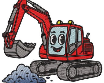 Lindo archivo de bordado de excavadora de construcción, diseño divertido de camión de trabajo, atuendo para niños y decoración de guardería.