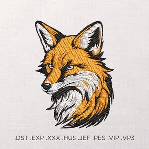 May include: Embroidered fox head design in shades of orange, black, and white. The fox has a detailed, textured appearance with a focused expression. The design is on a white fabric background. The image includes file type extensions at the bottom.