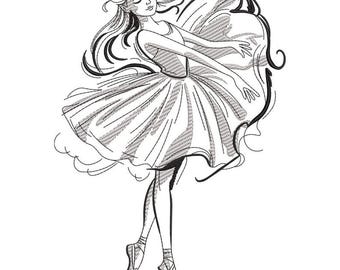 Elegant Ballerina Embroidery Design, Ballet Girl Redwork, One Color Linework, Dancing Pose For Machine Embroidery
