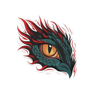 May include: A graphic illustration of a dragon eye with dark teal scales and a bright orange iris featuring a vertical black pupil. The eye is surrounded by stylized, sharp red and black flame-like shapes that extend outward from the edges.