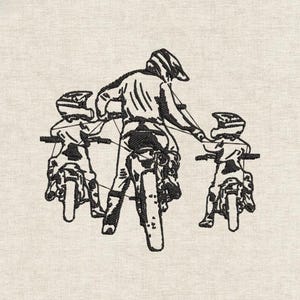 Broderidesign för bikerfamilj, linjekonst för dirtbike, pappa med barn motocross, enfärgat stygnmönster, lapp för jacka, present till pappa för förare
