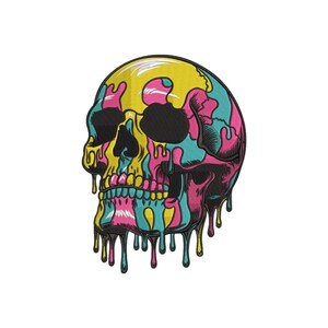 Melting Skull Embroidery Design, Neon Gothic Patch Art, Colorful Dripping Bone Motif, Punk Halloween Decor