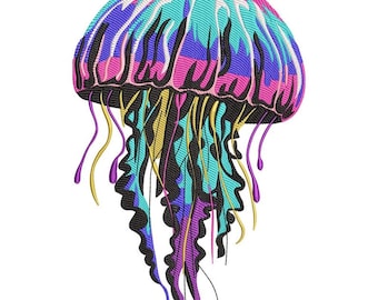 May include: A colorful embroidered jellyfish design. The jellyfish features a vibrant mix of pink, teal, purple, yellow, and black thread. The design is detailed, with flowing tentacles and a textured appearance, perfect for apparel or decor.