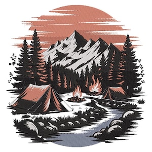 Camping Embroidery Design, Mountain Scene with Tents and Campfire, Outdoor Nature Stitch Pattern, Machine Embroidery File