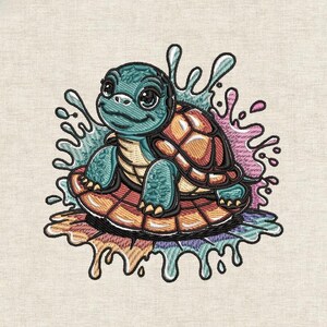 May include: An embroidered design of a teal turtle with a brown shell, positioned on a circular platform. The turtle is surrounded by a colorful, abstract splash pattern featuring shades of pink, blue, purple, and yellow on a textured fabric background.