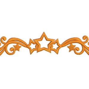 May include: An embroidered design featuring a series of orange stars and swirling embellishments. The design includes five open stars in the center, with smaller stars and decorative swirls on either side, all against a white background.