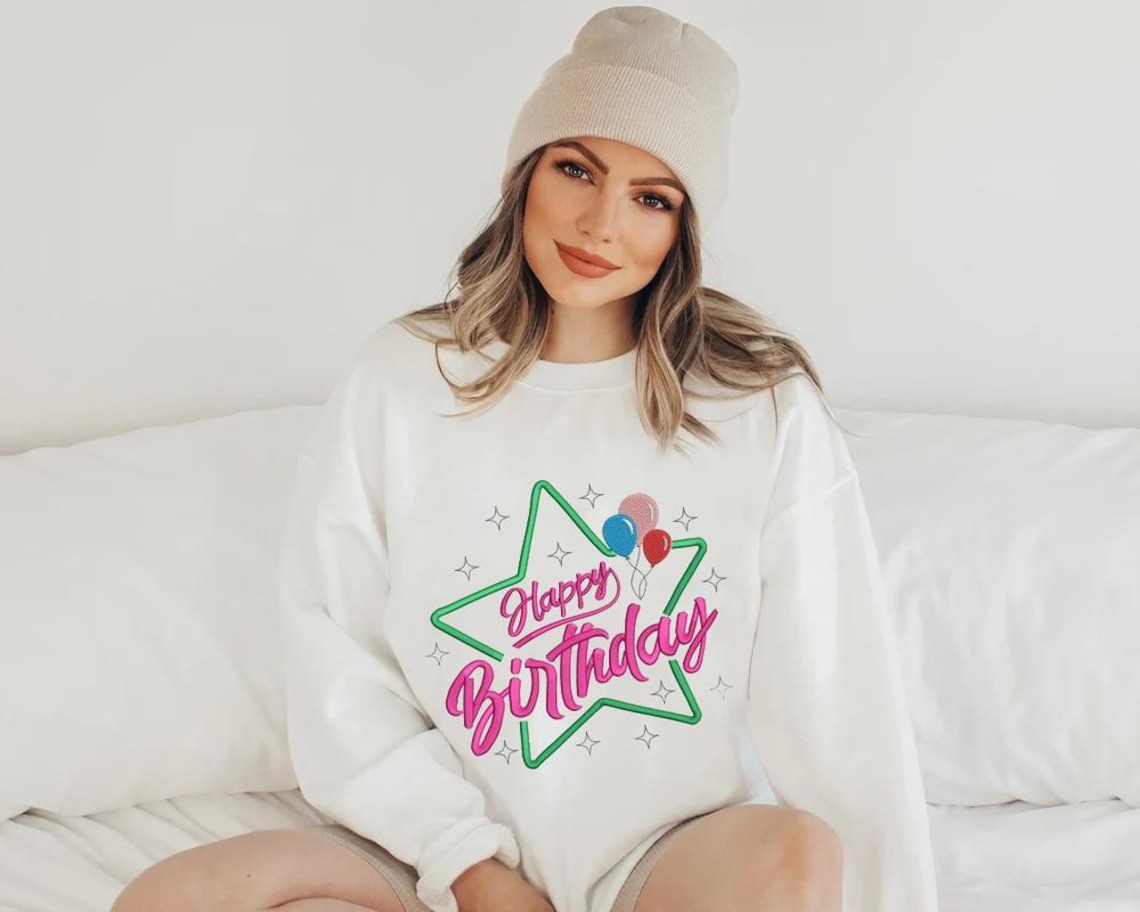 Birthday Balloons Embroidery Design, Handlettered Script in Star Frame