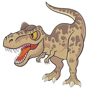 May include: A cartoon illustration of a Tyrannosaurus Rex. The dinosaur is mainly tan with darker brown spots. It has a wide open mouth with a red tongue and sharp white teeth. The eyes are yellow and the claws are white.