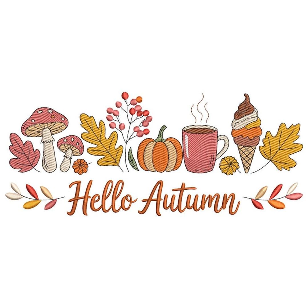 Hello Autumn Word Art Machine Embroidery File, Pumpkin Leaves Berries ...