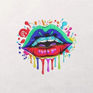May include: Embroidered design of stylized lips in vibrant colors. The lips are layered with green, blue, and red hues, with dripping paint effects in various colors. The design is set against a white background.