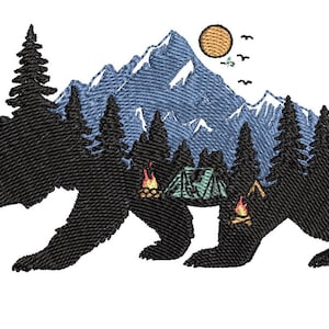 Bear Silhouette Camping Scene Embroidery Design, Mountain Forest Wildlife Stitch, Outdoor Nature Machine Embroidery File