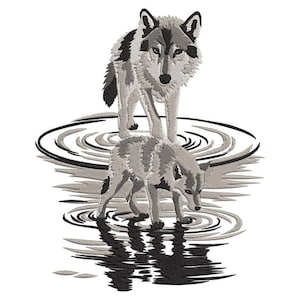 May include: An embroidered design featuring two wolves in shades of gray and black. One wolf stands above the other, which is reflected in the water. The design is set against a white background, creating a striking contrast.