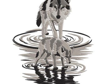 Wolf and Pup Reflection Embroidery Design, Quick Stitch Wildlife Machine Embroidery Pattern, Wild Animal Art for Jackets, Bags, Home Décor