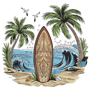 Surfboard Ocean Waves Palm Trees Embroidery Design, Tropical Beach Machine Embroidery, Summer Beach Scene Embroidery File
