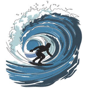Könnte beinhalten: Gestickte Illustration eines schwarzen Surfers auf einer blauen Welle. Die Welle ist in verschiedenen Blautönen mit einem strukturierten Effekt dargestellt. Der Surfer befindet sich in der Mitte, auf seinem Surfbrett.