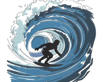 Pode incluir: Ilustração bordada de um surfista negro numa onda azul. A onda é representada com tons de azul e um efeito texturizado. O surfista está no centro, na sua prancha, a surfar a onda.