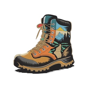 May include: An embroidered patch shaped like a hiking boot. The design features a tan and orange boot with tan laces, showcasing a landscape scene with a yellow sun, blue mountains, dark green pine trees, and a winding path on the side panel.