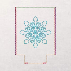 May include: A white rectangular textile with a turquoise snowflake design in the center. The edges are outlined with a red, green, and blue stitched border. The bottom has a small rectangular extension.