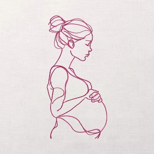 Puede incluir: Un dibujo lineal de una persona embarazada de perfil, en color rosa intenso. La figura tiene el pelo recogido en un moño y sostiene suavemente su vientre abultado. La obra de arte está sobre un fondo blanco, con un estilo sencillo y elegante.