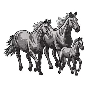 Running Horses Embroidery Design, Wild Animal Pattern, Galloping Horse Machine Embroidery, Farm Animal Applique