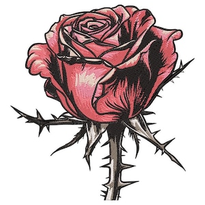 Rose with Thorns Embroidery Design, Realistic Flower Machine Embroidery, Floral Applique Pattern, Romantic Embroidery Art