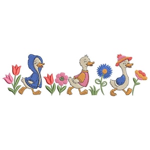 May include: An embroidered design featuring three cartoon ducks walking among colorful flowers. The ducks are wearing various outfits, including a blue hooded jacket and a pink hat. The flowers include red, pink, and blue blooms.
