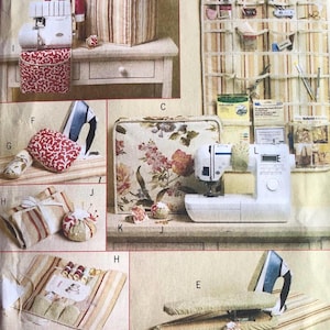 May include: A sewing-themed image featuring various items. Includes a sewing machine, iron, ironing board, and storage solutions. The items have a striped and floral pattern. There is also a pin cushion and a sewing machine.