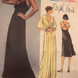 May include: A vintage Vogue sewing pattern featuring a woman in a black spaghetti strap gown. The pattern includes illustrations of other dress designs, including a yellow dress with a front slit. The text "Very Easy Vogue" and "Edith Head" are visible.