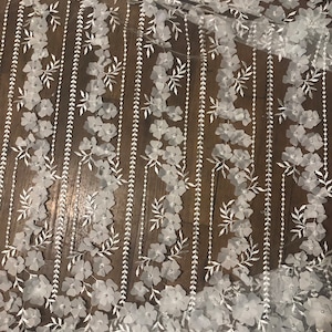 White floral embroidered 3D fabric with pearls. Lace. For bridal veils, communion dresses or veils, bridal shower. Fabric by the yard.