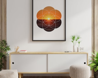 Printable Sacred Geometry | Sunset Flower of Life Abstract Wall Art | Sacred Geometry | Crystal Grid Template
