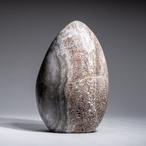 Puede incluir: Una piedra lisa con forma de huevo con un patrón moteado gris, blanco y marrón. La piedra tiene una textura natural y orgánica.