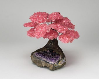 Genuine Rose Quartz Clustered Gemstone Tree on Amethyst Matrix, Large, (The Love Tree) 7"