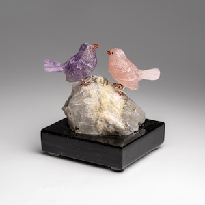 Genuine Polished Hand Carved Finches on a Green Tourmaline in Quartz Matrix (3.5&quot;H)