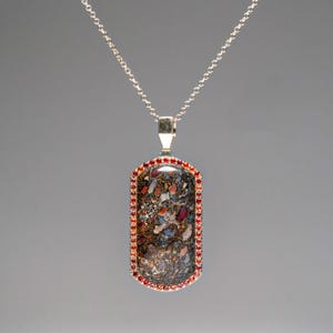 Genuine Dinosaur Bone, Pink Sapphire Dog Tag Pendant with 18&quot; Sterling Silver Chain