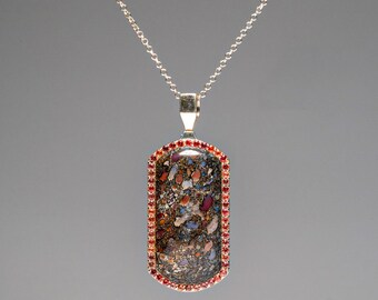 Genuine Dinosaur Bone, Pink Sapphire Dog Tag Pendant with 18" Sterling Silver Chain