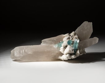 May include: A cluster of clear quartz crystals with a group of aquamarine crystals in the center. The quartz crystals are translucent and have a slight pink hue. The aquamarine crystals are a vibrant blue-green color.