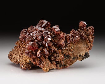 May include: A cluster of red, blocky vanadinite crystals on a matrix of brown rock. The crystals are highly lustrous and have a sharp, geometric shape.