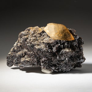 Puede incluir: Una roca grande de color gris oscuro con un solo cristal amarillo transparente en la parte superior. El cristal mide aproximadamente 5 cm de largo y tiene una forma puntiaguda.