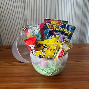 Pokemon Easter Egg, Gift Basket with 2 Booster Packs, Sticker and Candy! Charmander Bulbasaur Pikachu Squirtle