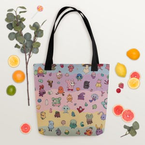 May include: A colorful tote bag with black handles, featuring a repeating pattern of whimsical cartoon creatures against a pastel striped background. The bag is made of a durable fabric and is suitable for carrying various items.