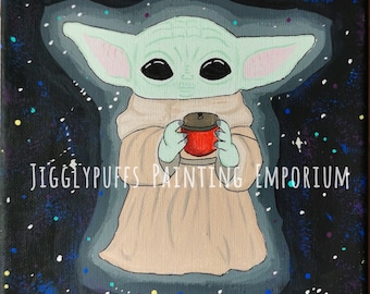 Baby Yoda (The Child) with Tims Coffee Acrylic Painting Print 8x10" (The Mandalorian)