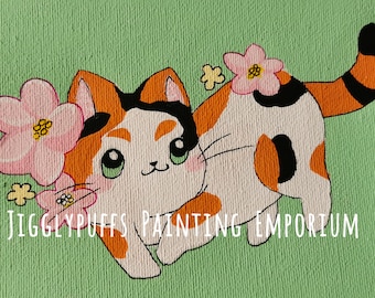 Calico Cat Art Print – Chibi Cartoon Acrylic Painting Print (12x16)