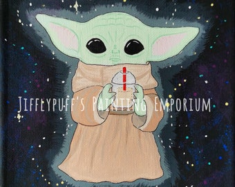 Baby Yoda (The Child) with Iced Coffee Acrylic Painting Print 8x10" (The Mandalorian)