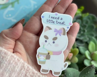 Puppy Cat Little Treat - 3.5" - Matte Vinyl Sticker Weatherproof Dishwasher Safe