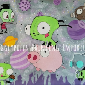 Invader Zim - Impressão em Pintura Acrílica - Gir e Zim no Espaço com Piggy e Minimoose - 8x10