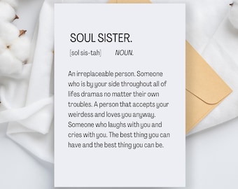 Definizione di Soul Sister Card, BFF per la vita, biglietto di compleanno per l'amicizia, biglietto in stile dizionario, biglietto di compleanno per la migliore amica, biglietto divertente per fratelli