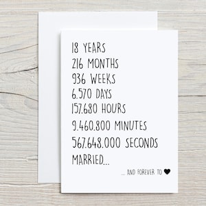 Tarjeta de aniversario número 18 para esposo, tarjeta de aniversario número 18 para él, tarjeta de 18 años de casados, tarjeta de 18 años juntos, tarjeta divertida de casados